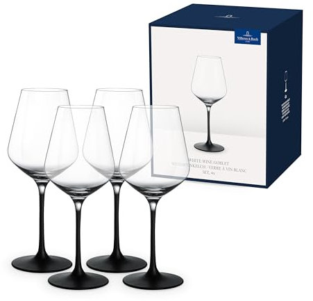 Villeroy & Boch Manufacture Rock, Set De Copas Para Vino Blanco, 4 Piezas, 380 Ml, Vidrio De Cristal, Transparente/Negro