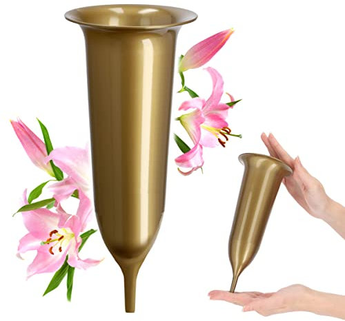 KADAX Vaso per tomba, in plastica, per fiori, vaso di plastica resistente alle intemperie, vaso per cimitero, resistente al gelo (10 cm, con picchetto, dorato)