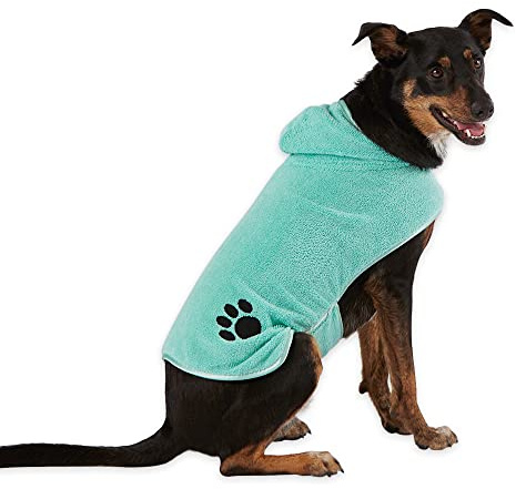 Bone Dry Pet Robe Collection, Embroidered Absorbent Microfiber Bath Robe with Adjustable Closure, for Dogs & Cats, Medium, Aqua