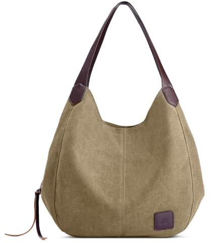 DIRRONA Bolso de Mano Lona Hombro Bolso Tote Mujer Casual Bolso Viaje Ligero Capacidad Bolsa de Playa Caqui