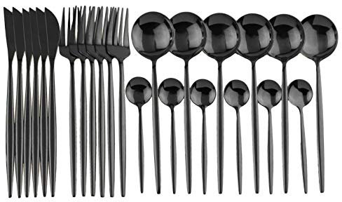 24 stücke Weißgold Geschirr Set Edelstahl Messer Gabel Löffel Besteck Set Küche Geschirr Set Flatware Set essgeschirr (Color : 24Pcs Black)