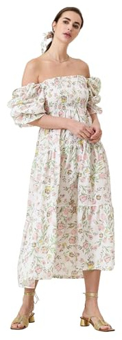 Women’s Cotton Linen Kiko Maternity Dress, Smocked Floral Maxi Gown for Baby Shower & Photoshoot, Elegant Off Shoulder Dress with Short Puff Sleeve for Pregnancy, Weddings & Events, Bloom, L