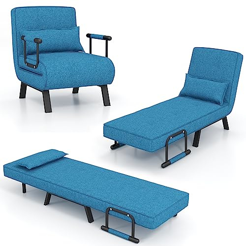 GOPLUS 4 in 1 Schlafsessel mit Bettfunktion, Schlafsofa mit 6-Fach verstellbare Rückenlehne & abnehmbarem Kissen, Relaxsessel Sofabett klappbar für Zuhause 7 Büro (Blau)