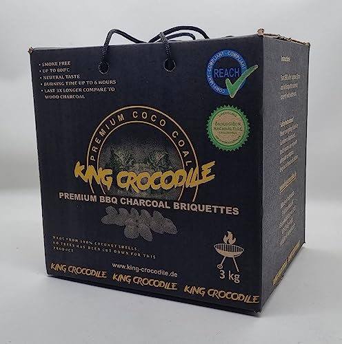 King Crocodile Carbone di cocco con lunga durata, carbone per uova, carbone per barbecue, piccola cenere, basso sviluppo di fumo, carbone naturale sostenibile, carbone di qualità professionale, 3 kg