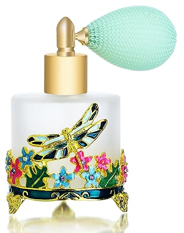 YU FENG 18ml Frosted Refillable Perfume Bottle Round Glass Perfume Spray Bottle Hand-painted Empty Travel Perfume Atomizer Gift (Green Dragonfly With Flowers)