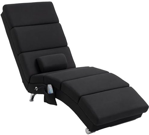 HOMCOM Poltrona Relax Salon Poltrona da massaggio e riscaldamento meridiana Sedia a sdraio per interni, con telecomando e cuscino, camera da letto, soggiorno, tessuto effetto lino nero