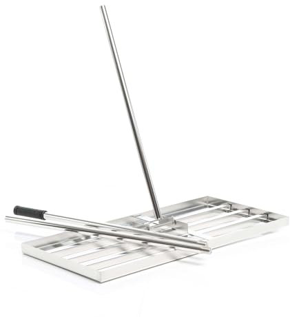 Wiltec Edelstahl Rasenrakel mit Stiel Größe L, Flächenebner 35 x 75 x 2,8 cm Unebenheiten im Rasen ausgleichen, Leveler Gartengerät zum Rasen sanden