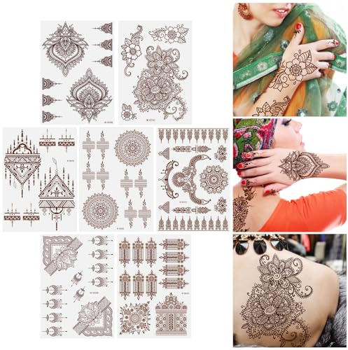 URAQT Pegatinas Tatuajes Temporales Mujer Niñas, 7 Hojas Tatuajes Temporales Adultos Mujer Marrón Rojo, Tatuajes Falsos Festival para Adultos Cuerpo Antebrazo Hombro Cuello
