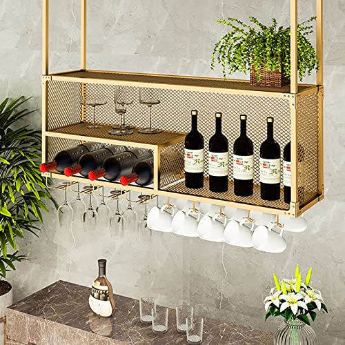 IBOWZ Deckenregal Decken Weinregal Industrielles Vintage-Deckenregal aus Metall, hängender Weinflaschenhalter, Kelch-Stielglas-Halter, schwimmendes Dekorationsregal für Bars und Küchen