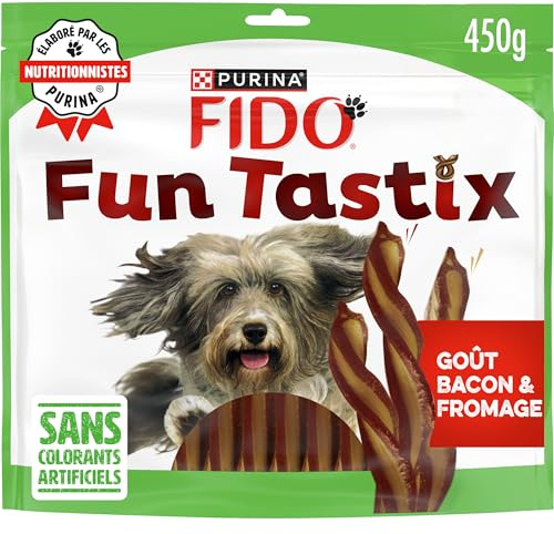 FIDO | FUNTASTIX | Friandises en Bâtonnets | Chien Adulte | Riches en Oméga 3 & 6, en Vitamines B et Antioxydants | Goût Bacon Fromage | Produit en France | Sachet | 450g