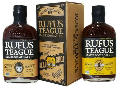 Rufus Teague BBQ Sauce Box – Set mit Honey Sweet & Whiskey Maple | Rauchig süße Grillsaucen im Flachmann aus Glas - Geschenk für Männer Grillpaket BBQ Sauce im Grillsoßen Geschenkset Vatertag