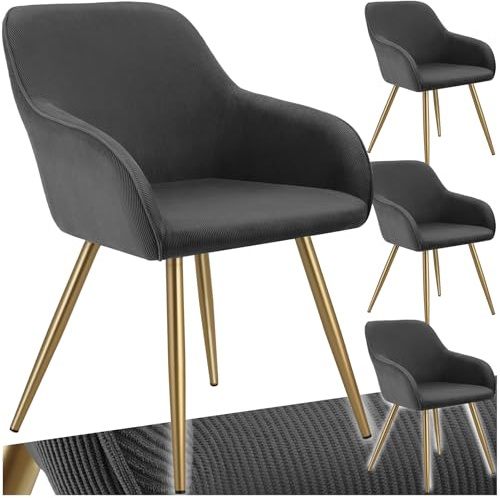 tectake® 4X Esszimmerstuhl, Sessel bequem mit Armlehne, Polsterstuhl, Cord Cocktailsessel, Loungesessel für Wohnzimmer, Esszimmer, Moderne Küchenstühle, Bürostuhl - anthrazit/Gold