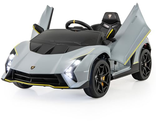GOPLUS Elektrisk bil Lamborghini, 12 V barnbil med fjärrkontroll och LED-lampor och musik, tupar, transportrullar, elfordon 2–4 km/h för barn från 3–8 år (grå)