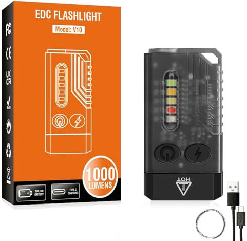 Bindokun LED Schlüsselanhänger Taschenlampe, V10 Mini 1000 Lumen Buzzer Keychain Light IPX4 Wasserdichte Taschenlampe Magnetisch USB Aufladbar for Camping Taktische mit 14 Modes (Schwarz)