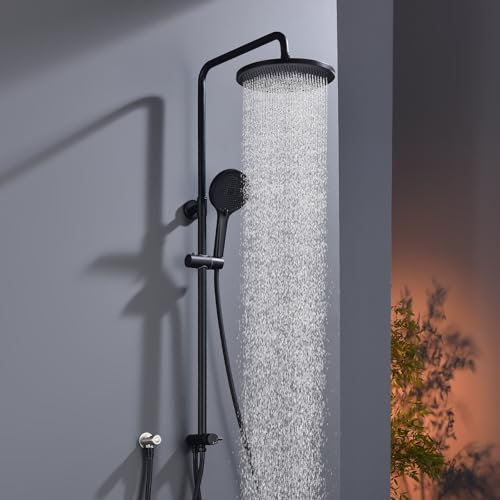 GAOZHI Colonna Doccia senza Miscelatore in Acciaio INOX 304 Cromato, Saliscendi Doccia Regolabile 63-105cm Set Doccia a Pioggia con Soffione Doccia Grande e Doccetta a Mano, Round Doccia 26cm Nero