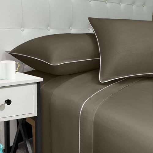 NARCISO - Lenzuola Matrimoniali 100% Cotone Made in Italy, Completo Letto Matrimoniale con Profilo Decorativo Look Moderno, Fantasia Tinta Unita in Varie Colorazioni di Design (Tortora)