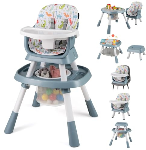HONEY JOY 16-in-1 Baby High Chair, Convertible Highchair for Babies and Toddlers/Booster Seat/Activity Center with Toys, Building Block Table & Stool, Safety Harness, Removable Cushion & Tray (Blue)
