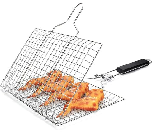 Stainless Steel Barbecue Grill Basket,BBQ Grilling Basket Portable Folding Barbecue Grill Basket Net with Removable Handle for Roast Fish Vegetables BBQ Party