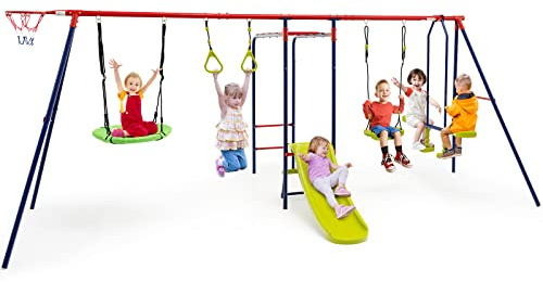 COSTWAY 7-in-1 Kids Swing Set, Heavy Duty Swing Stand with 2 Swings, Slide, Glider, Gym Rings, Monkey Bars and Basketball Hoop, Children Playground Equipment Set for Backyard Garden Yard (Red+Blue)