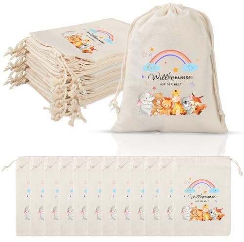 12 Stück Geschenktüten zur Geburt Willkommen auf der Welt, Baumwollsäckchen mit Kordelzug (17x13 cm), Stoffbeutel klein für Babygeschenke, Babyparty, Baby Shower, Geschenksäckchen zum Befüllen