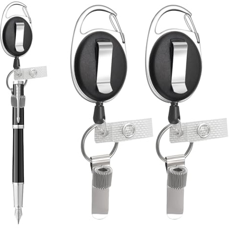 Cheynn 2 Stück Einziehbarer Stifthalter, Universeller Stiftschlaufe zum Ziehen mit Ausweishalter & Gürtelclip Robuster Stift Halter Metall Bleistifthalter für Arbeiter Krankenschwestern Kellner