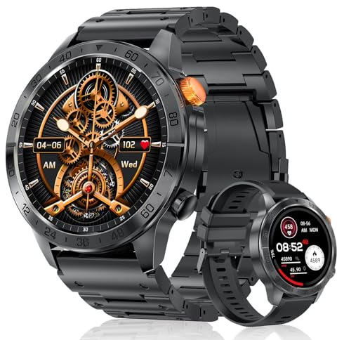 SLOKSFil 2025 Smartwatch Herren ET/HRV/SIRI Herren 1,43 AMOLED mit Telefonfunktion/24H Herzfrequenz SPO2/50+ Sportmodi/IP68Wasserdicht /Schlafmesser/Fitnessuhr für Android iOS (Stahlschwarz)