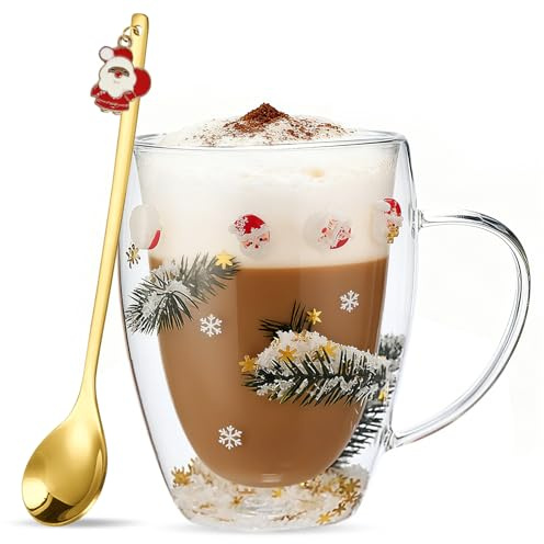 JOKILY Weihnachtsglastasse, Weihnachtskaffeetasse, Doppelwandige Gläser Weihnachten, Personalisierte Weihnachtsmann Rentier Muster Weihnachtstasse, Weihnachtsgeschenke für Frauen Mädchen Männer (A)