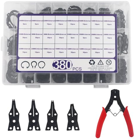 SUKITMISO 381 Stück Sprengringzangen Set mit Sicherungsscheiben 24 Verschiedene Größen, Außen-Halterungsringe Interner Sicherungsring Schnapphalter Clip Ring Sortiment Kit