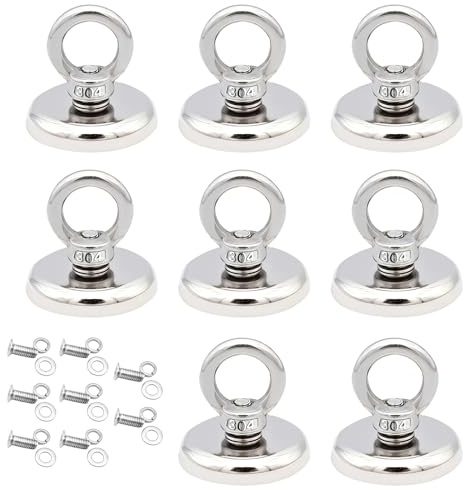 GOEDCH Extra stark magnetfiske med ögla: 8 stycken superstark fiskmagnet, 32 mm magneter stark med lyftning, skruv och ring för hem, dammutvinning, för magnetfiske i sjöar, gräsmatta, ocean