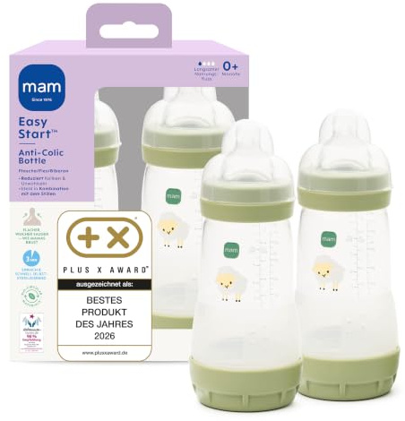 MAM Easy Start Anti-Colic Babyflasche 2x 260 ml, 0+ Monate, Gr. 1, Schaf | Selbst-sterilisierend in der Mikrowelle in 3 Min, Anti-Kolik-Bodenventil, brustähnlicher SkinSoft Sauger, ab Geburt