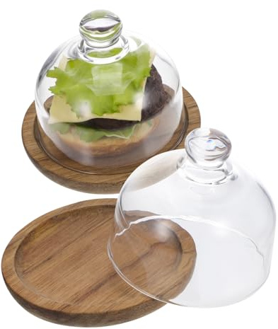 WATIIFUFU 2 Pcs Round Wood and Glass Cake Display Stand with Dome Lid, Break-Resistant and Easy to Open Butter Dishes, Elegant and Compact Food Foretaste Plates for Home and Parties