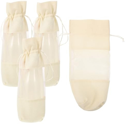 Ipetboom Dekorative Weinflaschentaschen Wiederverwendbare und Tragbare aus Leinen 4 Stück mit Kordelzug mit Sichtfenster Geschenktaschen Beige für Weinflaschen und Geschenkverpackung