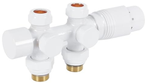 ACOLY Multibloque con termostato para radiadores, distancia entre ejes de 50 mm, válvula de radiador de latón cromado con cabezal termostático (blanco)