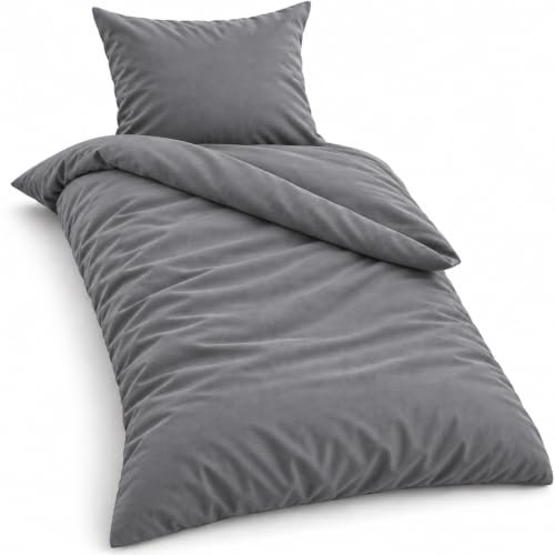 Class Home Collection Bettwäsche 135x200 Baumwolle – 2-teiliges Bettwäsche-Set mit Reißverschluss, Bettbezug + Kissenbezug 80x80 cm, Ganzjahres-Bettwäsche, Uni Grau