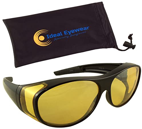 Night Driving Tragen über Brille von Ideal Eyewear – Für Über verschreibungspflichtige Gläser – Gelb Objektiv für bessere Nachtsicht, Herren, Black Frame with case