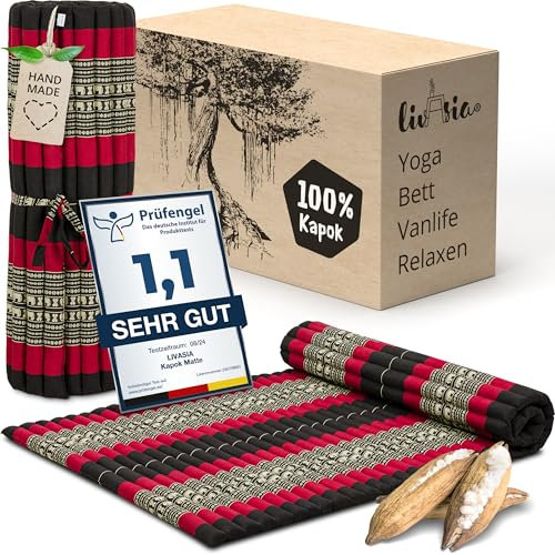 livasia colchón/esterilla enrollable L amplio y cómodo - 200x110x4,5cm - Cama invitados bordada 1 persona, Cama de viaje, Esterilla tailandesa de kapok para jardín/balcón artesana (Negro/Elefantes)