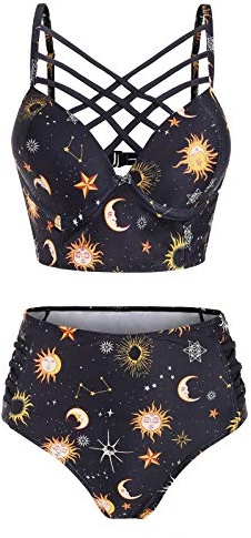 JMSUN Abito da Bagno Estivo in Bikini Femminile Sun Star Moon Latice Swimsuit Tankini High Welini