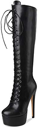 Richealnana Women's Stiletto Sexy High Heels Zipper Closed Round Toe Long Boots Lace Up Platform High Heel Knee High Boots PU Black Size 10