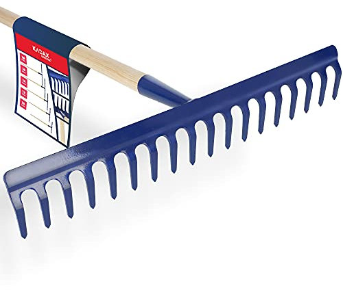 KADAX Rechen, breite Harke mit verstärktem Kopf, Laubbesen aus Metall, Laubrechen mit langem Stiel aus Holz, Gartengerät zum jäten, düngen, Gartenharke für Rasen, Beeten (18 Zinken)
