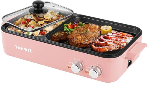 Topwit Hot Pot Electric with Grill, 2 in 1 Indoor Non-stick for Steaks, Shabu Shabu, Noodles, Simmer and Fry, Korean BBQ Grill, Independent Dual Temperature Control, Pink
