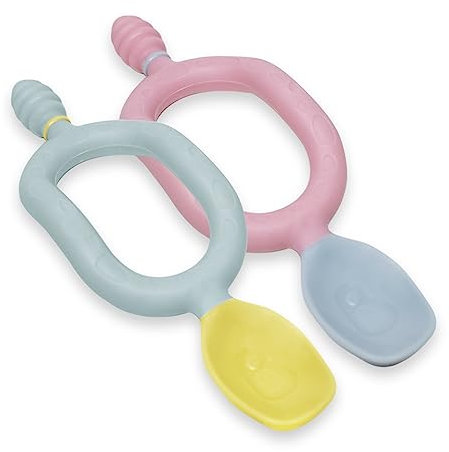BIBaDO Dippit - Juego de 2 cucharas y cazo para bebé sin BPA de varias etapas, cucharas de destete para bebé con agarre múltiple, cucharas de alimentación para bebé (Rosa Y Gris)