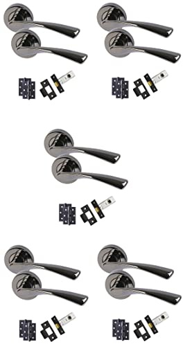 Golden Grace Astrid Door Handles with Hinges & 64mm Latch, Metallic Black | Supplied in a 5-set pack complete with spindles, screws, matt black ball bearing hinges and tubular latches.