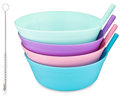 Quiet Book Club Cereal Bowls with Straws for Kids Childrens Bowls with Straw Built in for Kids Plastic Straw Bowls for Toddlers Dishwasher Safe BPA FREE Girls (4)
