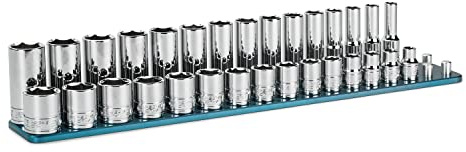 Capri Tools 3/8 Zoll Drive Master Chrom-Steckschlüssel-Set, 6-kant, 8 bis 22 mm, flach und tief, mit Billet-Aluminiumschiene