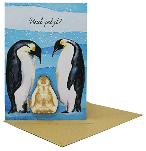 Woodland Mail Karte zur Geburt - Neugeborenenkarte mit Holzpinguin auf der Vorderseite.
