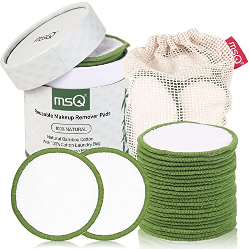 MSQ Reusable Makeup Remover Pads (20 Pack) with Washable Laundry Bag and Round Box for Storage, Bamboo Cotton Rounds for All Skin Types, Eco-Friendly Reusable Bamboo Cotton Pads