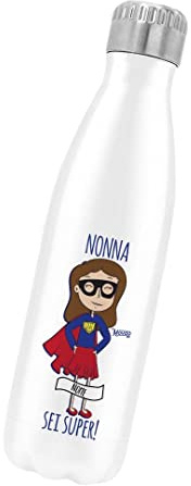 Borraccia Termica Bottiglia Termica Acciaio Inox 500ml Bottiglia Termica Made in Italy Ecologica 24 Ore Freddo & 12 h Caldo - Personalizzata con nome - Nonna Super