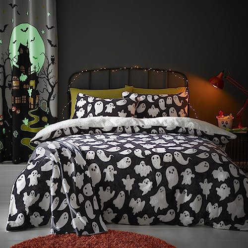 Bedlam Copriletto Fleece Fantasmi Spaventosi Halloween Matrimoniale (200 x 200cm) - Design Reversibile - Morbida Fleece Teddy Bianca - Letto con Fantasmi Carini - Decorazioni/Biancheria Halloween