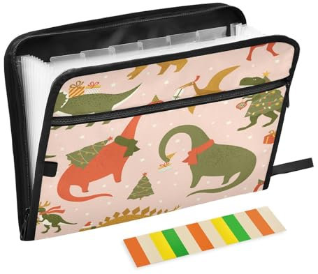 Fächermappe mit 13 Fächern, A4, Briefgröße, Papier, Akkordeon, Dokumenten-Organizer mit Reißverschluss, Büro, Schule, Weihnachten, Dino, Party, Baum, Rex