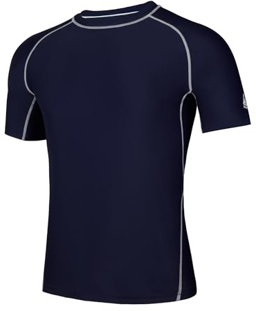 AMZSPORT Rash Guard T-shirt för herr, UPF 50+ UV-skydd, kortärmad T-shirt, snabbtorkande solskyddsväst för simning, surfing, fiske, löpning, 112028-marinblå, L